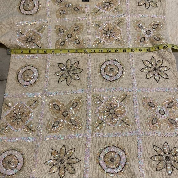 Vintage Work In Progress Ivory Sequin Beaded Cotton Blend Crewneck Sweater, M - Picture 10 of 10